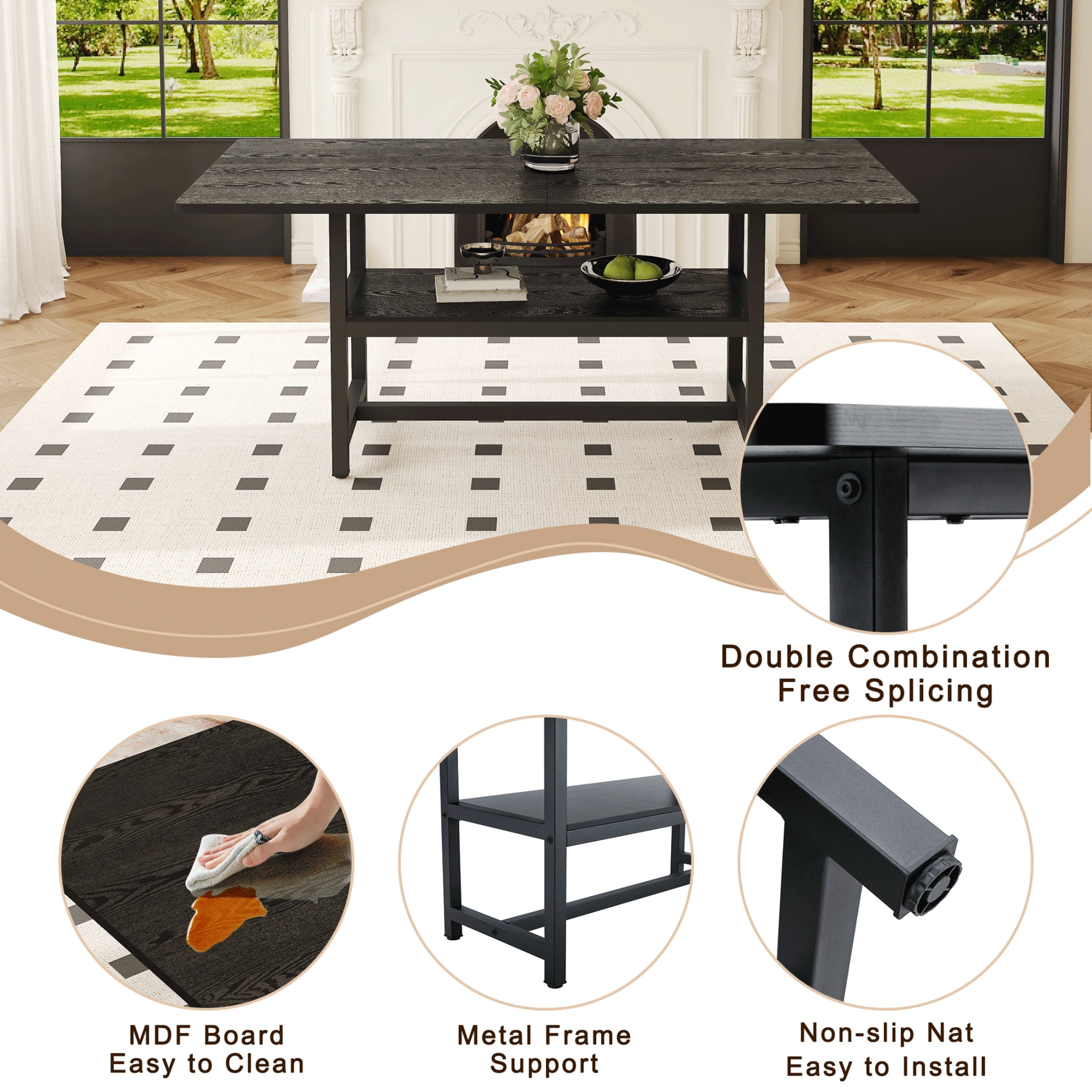71" Dining Table, Minimalist Kitchen Table for 4-6, MDF Dinner Table with Metal Legs, for Kitchen, Dining Room, Black