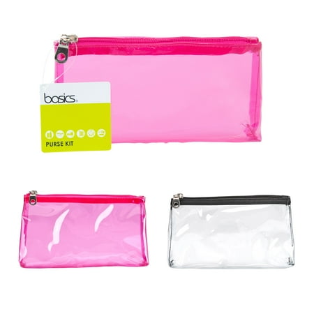 Basics Zippered Travel Makeup & Accessory Rectangle Carrying Clutch in Transparent Pink or Black PVC (Colors Vary), 1ct