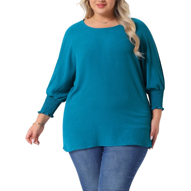 Blusas de chiffon de talla grande para mujer Agnes Orinda, con mangas largas de murciélago y volantes, camisetas sueltas y casuales, 3X azul lago