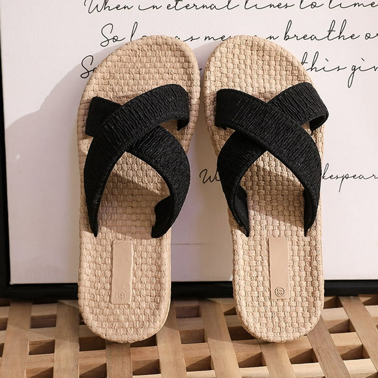Juebong Women Shoes Summer Beach Sandals Slippers Imitation Hemp Rope  Travel Flat-bottom Shoes,Black Size 7 