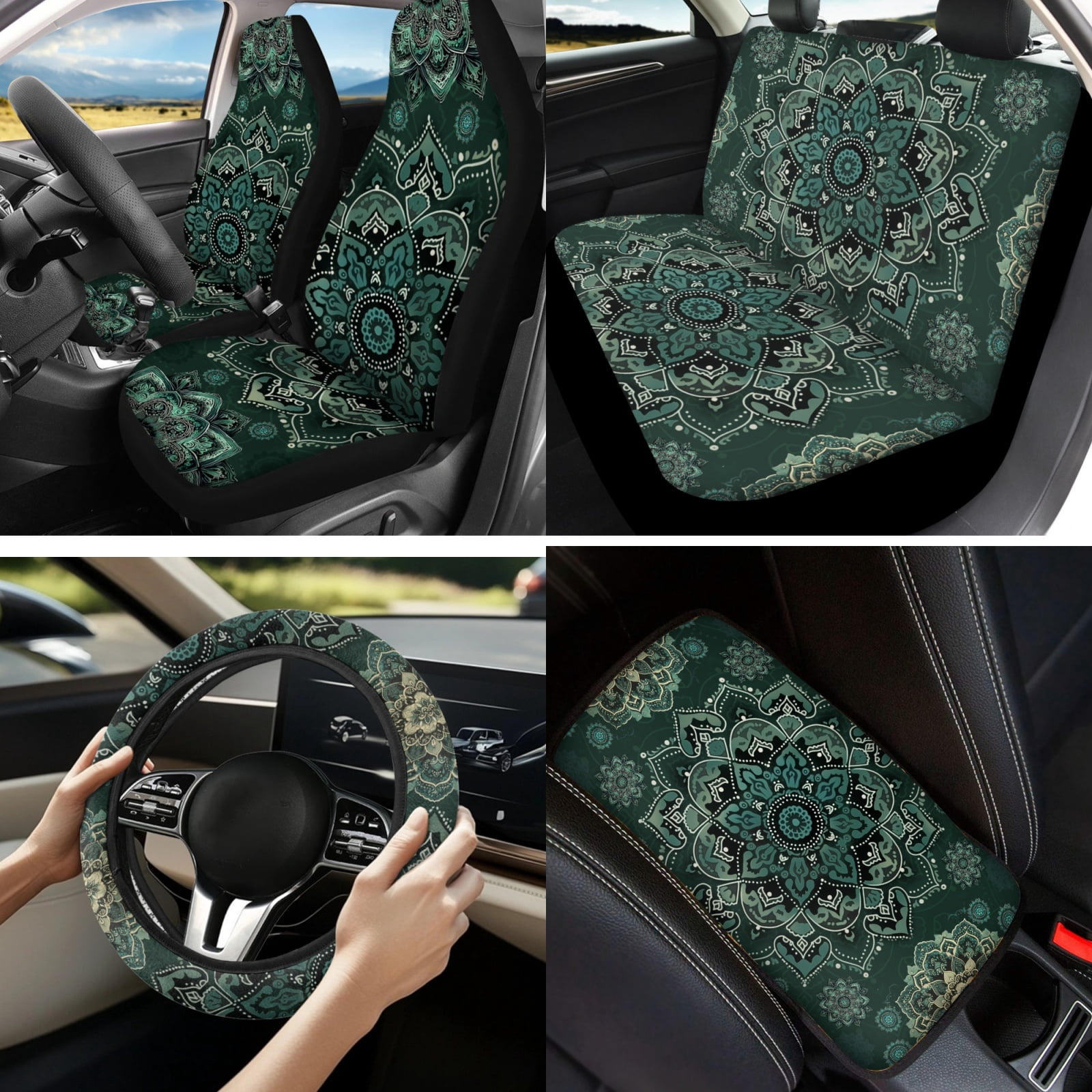 Yuyamidu 13 Pcs Car Seat Covers Set with Green Boho Mandala Flower Steering Wheel Cover Safe Belt Pads Car Center Console Cover Lip Balm Sleeve Keychain Coasters Auto Accessories