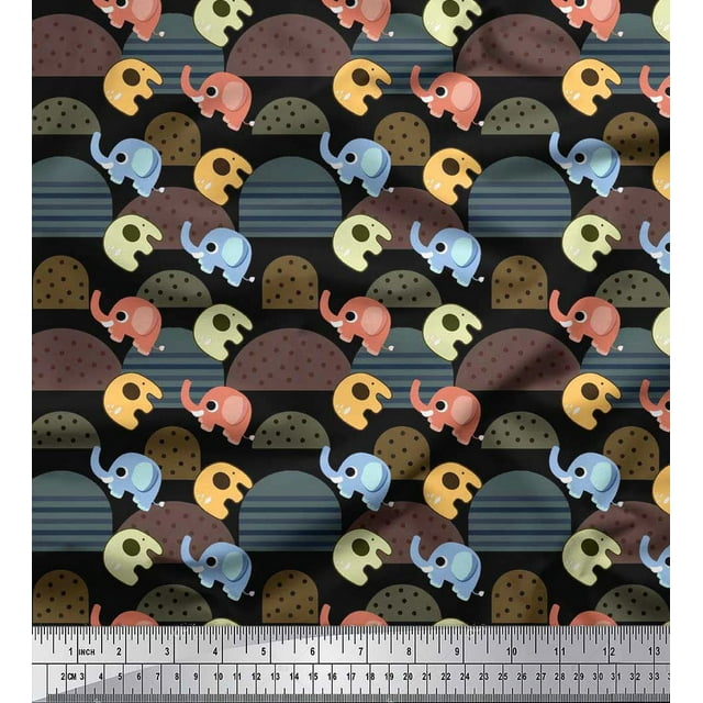 Soimoi Poly Crepe Fabric Cute Elephant Kids Print Fabric by The Yard 52 Inch Wide