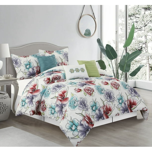 Lanco Rosette 7 Piece King Comforter Set, White Floral, 100 Polyester