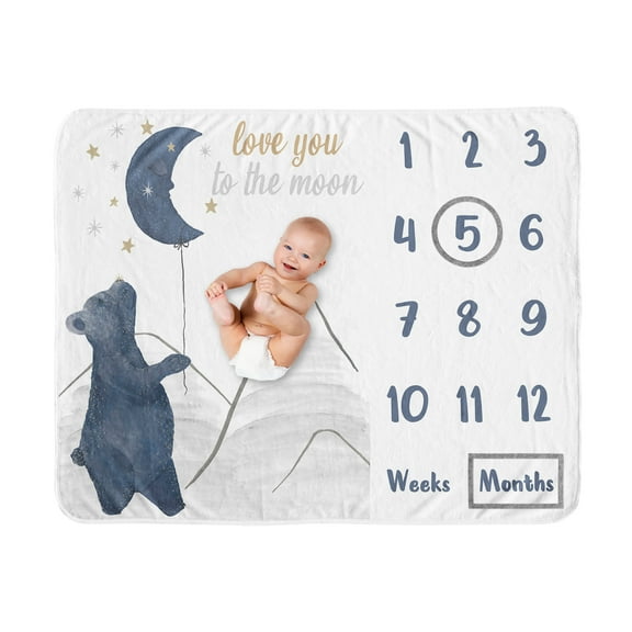 Sweet Jojo Designs Moon Bear Blue Gold and White Fleece Milestone Baby Blanket 3 Piece Set