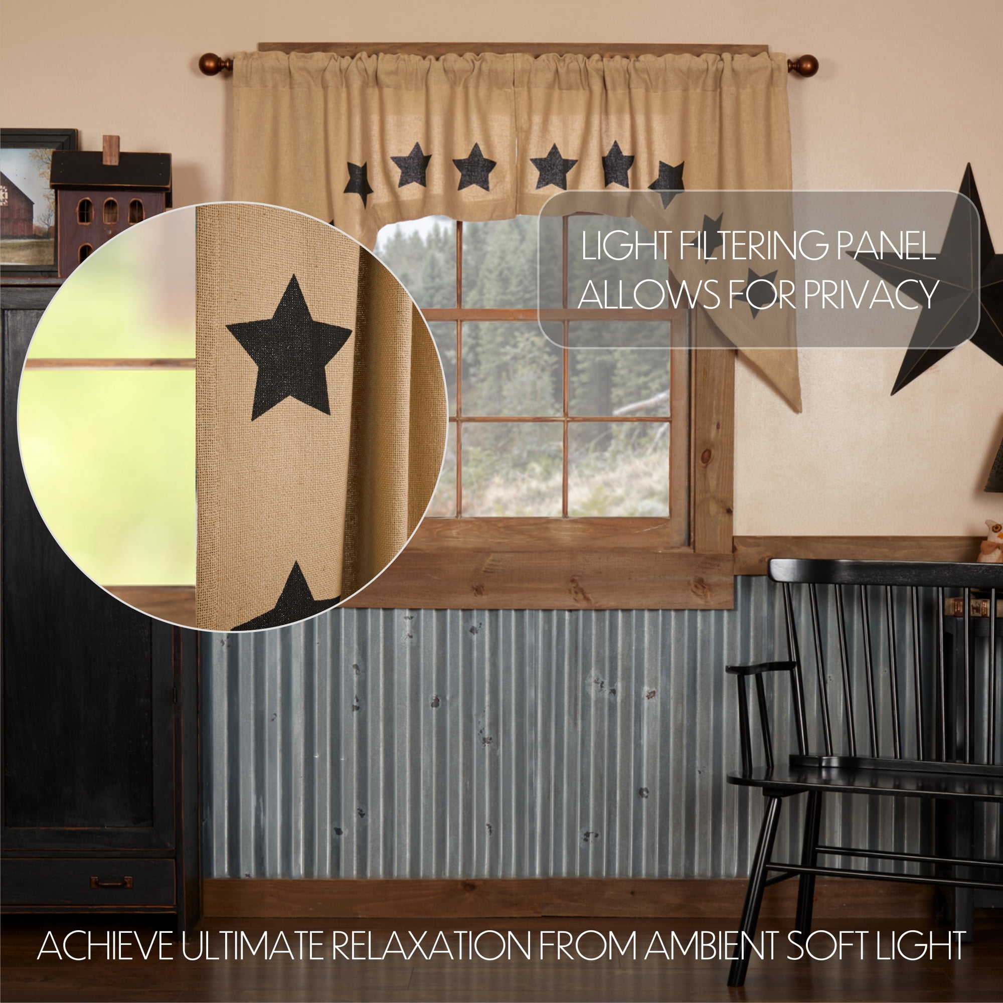VHC Brands Burlap Natural with Black Stars Primitive 36"x36"x16" Swag Pair Tan Rod Pocket Stenciled Cotton Kitchen Window Curtains