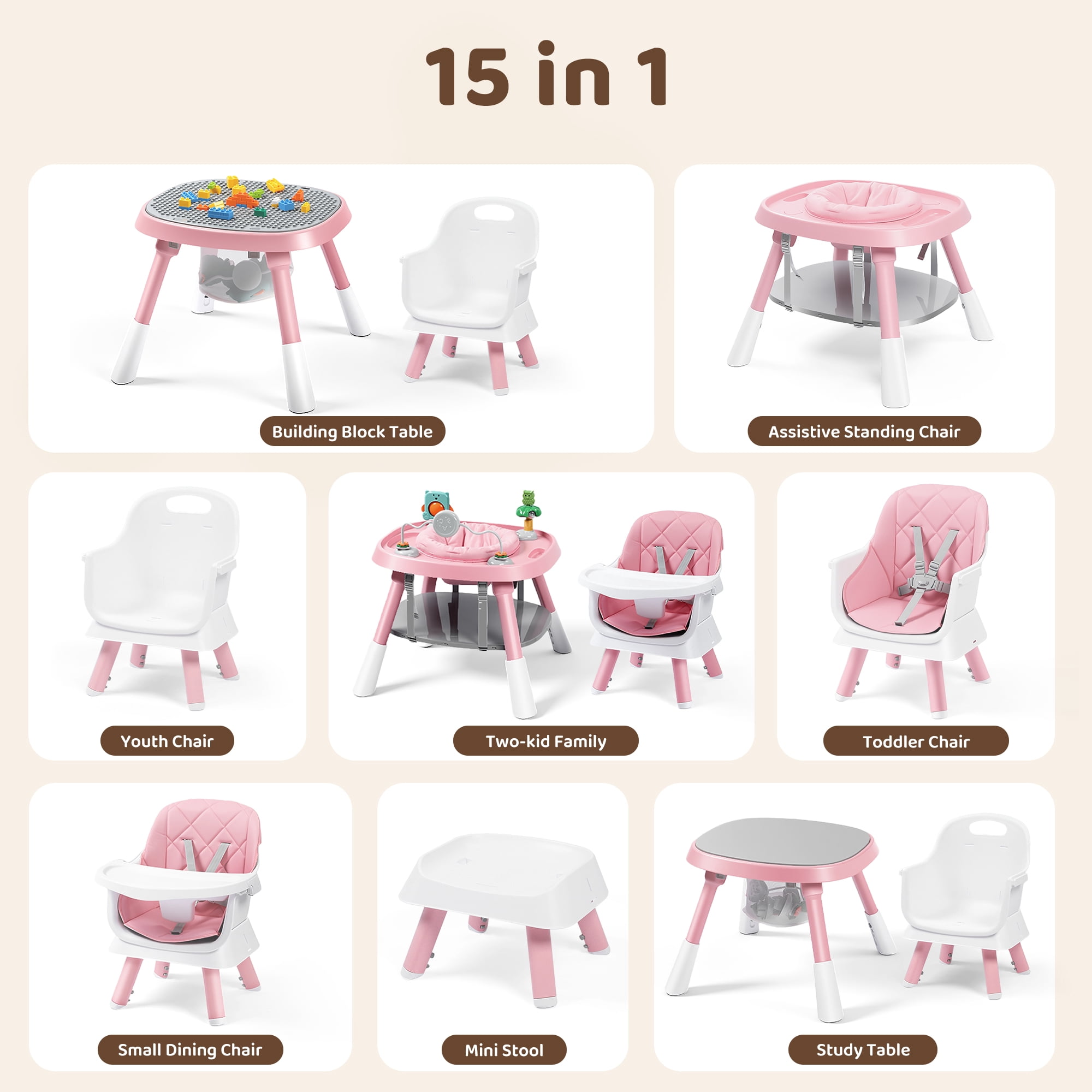 AILEEKISS 15-in-1 Baby High Chair, Toddler Dining Booster Seat with Activity Center, Pink