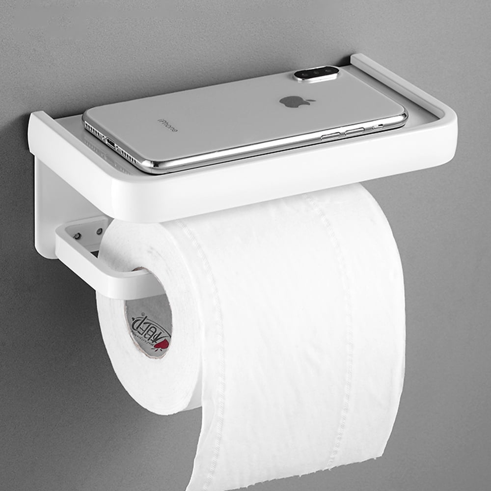 MOGFCT Self Adhesive Toilet Paper Holder with Phone Shelf Tissue Roll Holder for Bathroom (White
