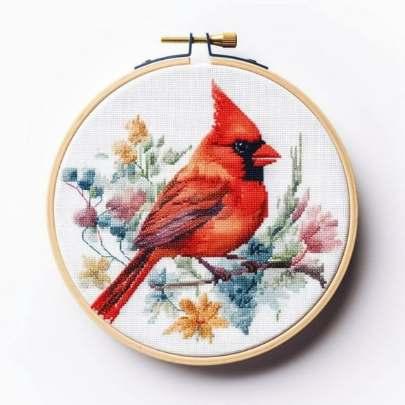 Generic Counted Easy Cross Stitch Kits Cardinal Bird Color Stamped Embroidery for Starter Kits DIY 11CT Stamped Patterns Embroidery Needlework Kit Supplies 12 Inch Hoop Included(108-f)