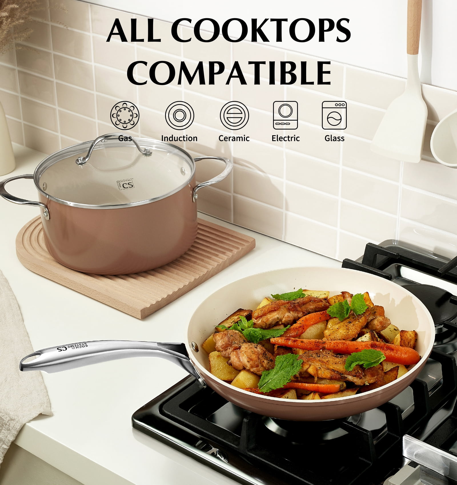 Koch Systeme CS 10 inch Ceramic Non-Stick Frying Pan with Lid，Stainless Steel Handle, Oven and Dishwasher Safe, Brown