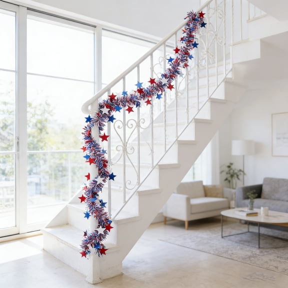 Wooowa Red White Blue Star Spangled Garland Dazzling Party Streamer Ideal for 4th of July Decorations Patriotic Decor Suitable for Independence Day Indoor Outdoor Party Scene Arrangement