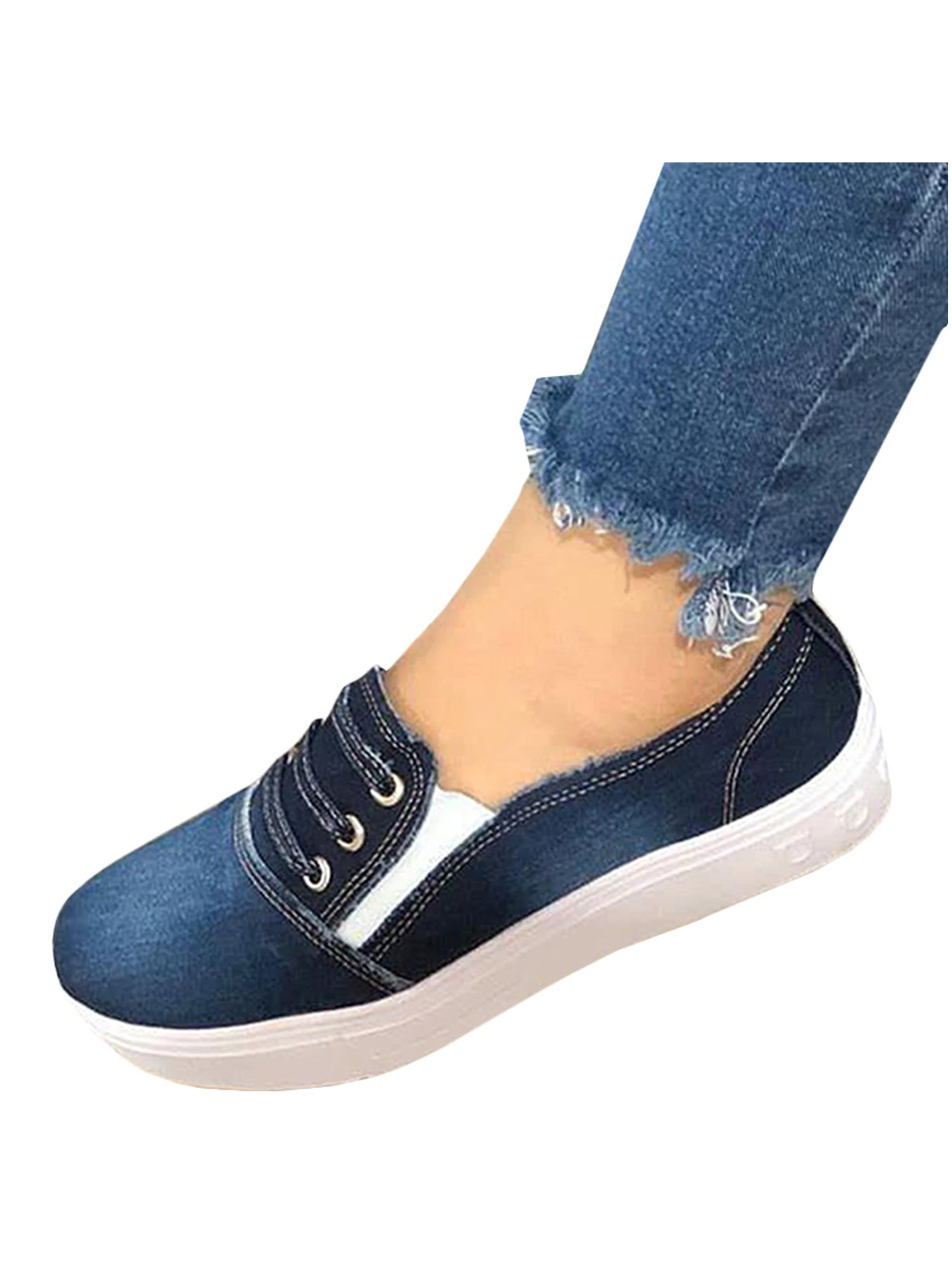 Ladies Slip On Flat Denim Canvas Loafers Casual Trainers Sneakers Comfy ...