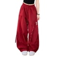 thumbnail image 3 of WAVSUF Kids Girls Cargo Pants Classic Fit High Waist Wide Leg Summer Daily Trendy Pants Red Size 14-16, 3 of 7