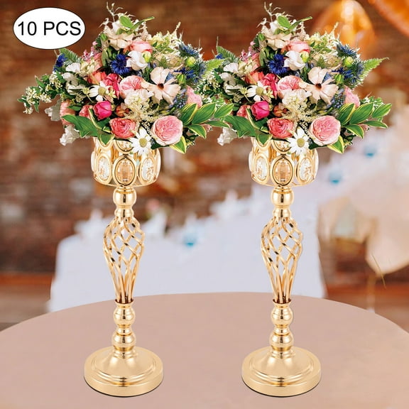 10 Pcs 24" Tall Crystal & Iron Wedding Centerpiece Vases - Elegant Flower Vases Table Decor with Sparkling Beads for Receptions, Hotel, Parties & Special Events Decor (Gold)