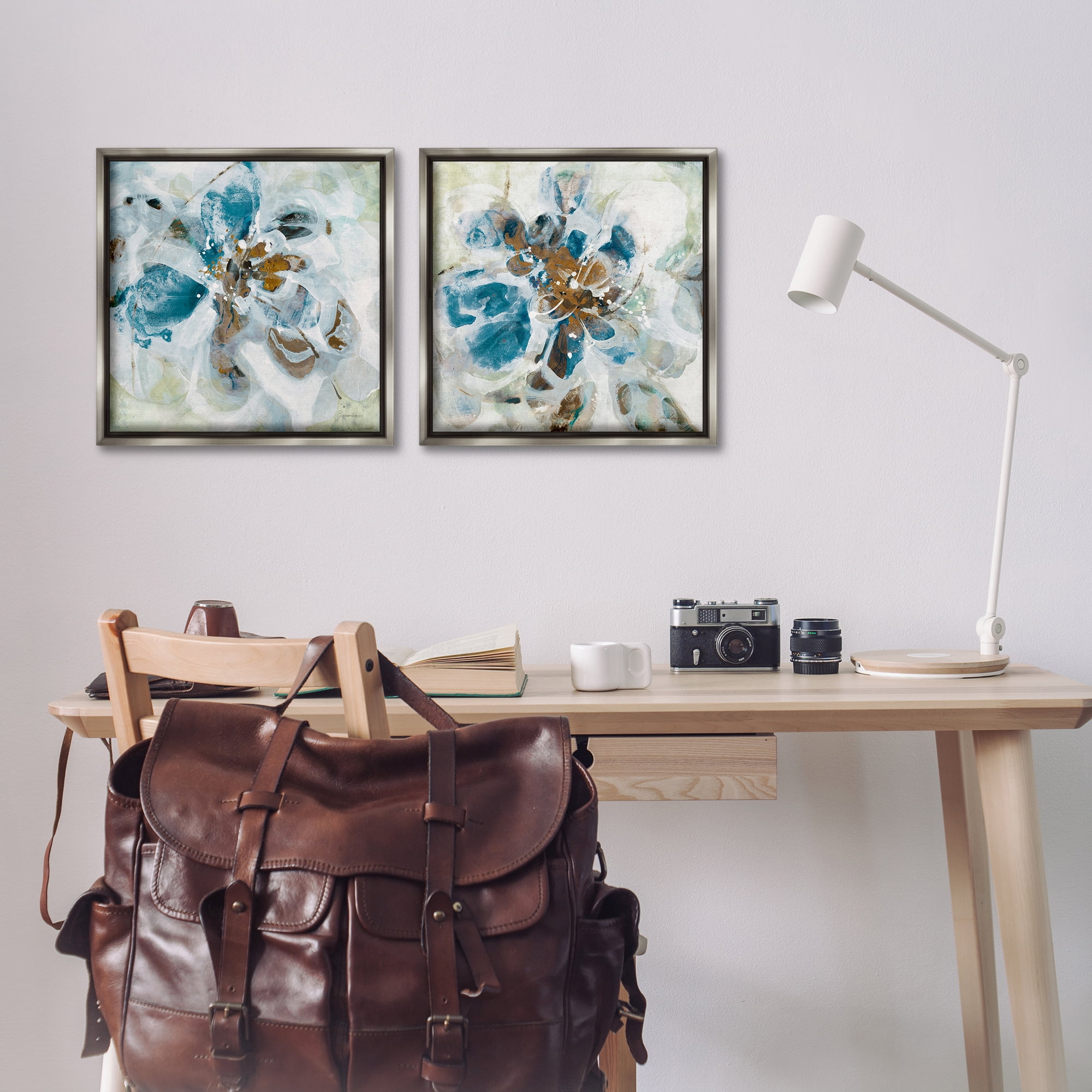 Stupell Industries Teal Abstract Flower Petals Abstract Painting Gray Floater Framed Canvas Art Print Wall Art, 18 x 18, Set of 2