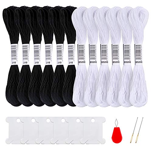 Pllieay 12 Skeins White Embroidery Threads Cotton Embroidery Floss Friendship Bracelets Floss with 6 Pieces Floss Bobbins 2 Embroidery Needles and 1 Needle Threader