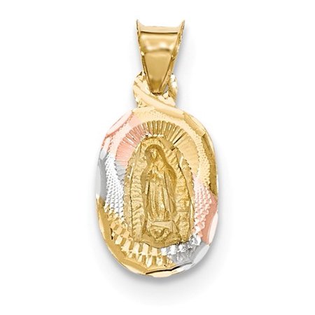14k Yellow Gold & Rhodium Polished & Diamond Cut Lady of Guadalupe Oval Pendant