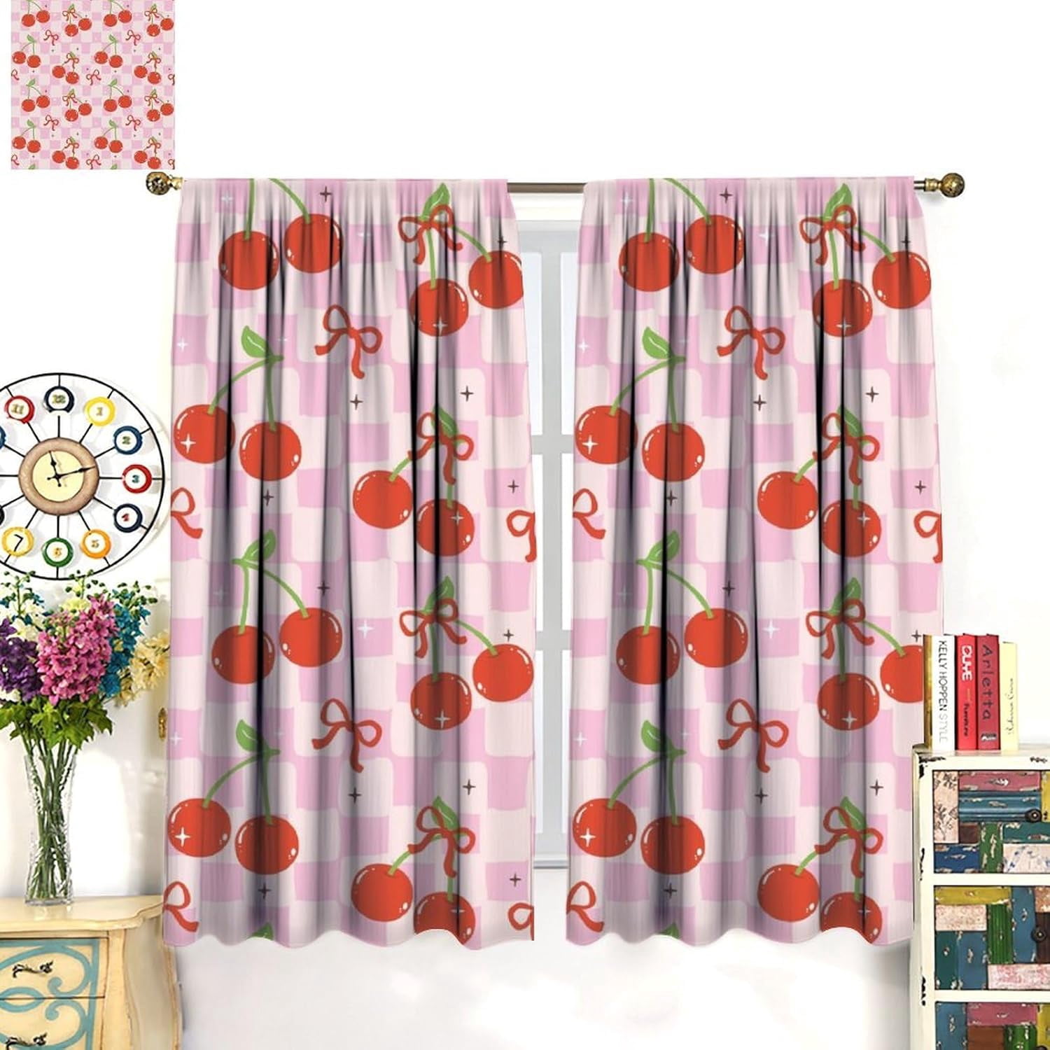 Cute Bow Curtains, Retro Pink Cherkered Cartoon Red Cherries Bows Aesthetic Modern Print Window Treatments for Kids Girls Bedroom Livingroom Bathroom, 42" W X 54" L