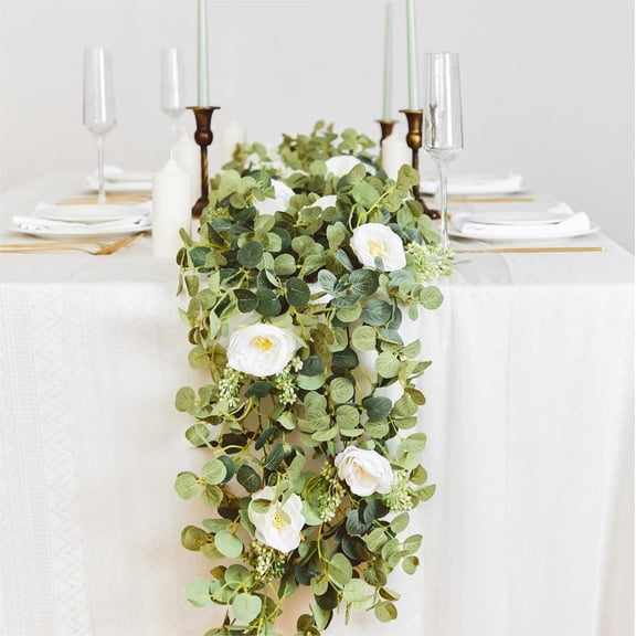 Diceymbol 6.56FT Eucalyptus Garland with Flowers-8 White Roses, Artificial Fake Flowers Greenery Garland Floral Vines for Decoration Party Wedding Table Indoor Outdoor Backdrop Wall Decor