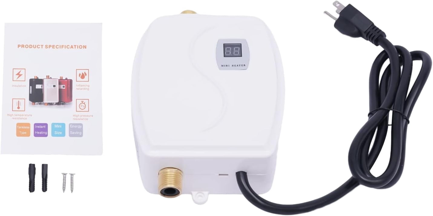 3000W Mini Tankless White Instant Electric Hot Water Heater, Upthehill 3 Seconds Instant Water Heater with Digital Display, Overheating Protection Automatic Power-off 110V