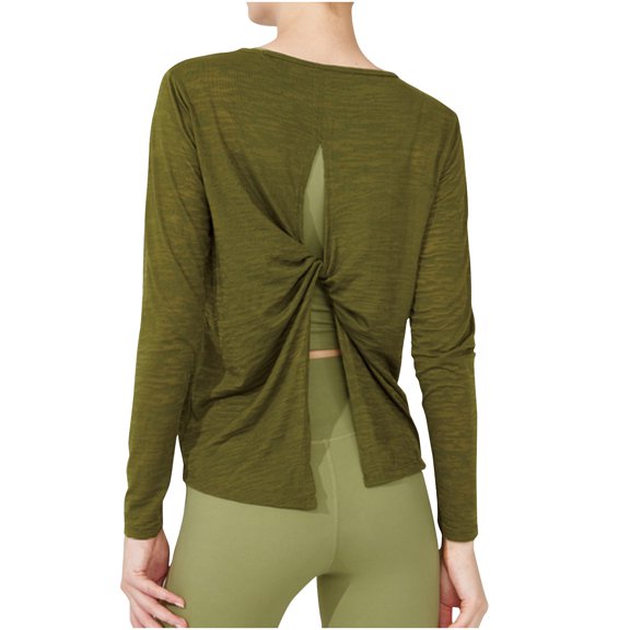 Htigea Long Sleeve Sun Shirts for Women Sport Yoga Gym Tops Casual Crewneck Open Back Tee Green L