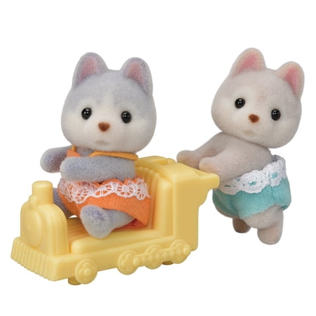 Calico Critters Husky Twins  Set of 2 Collectible Doll Figures with Vehicle Accessory