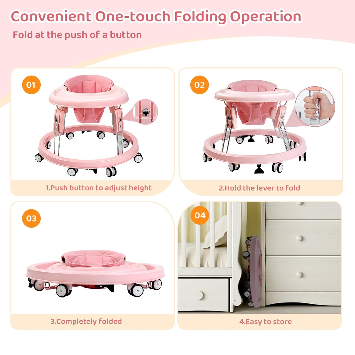 PRVAETU Foldable Baby Walker Activity Center W/ Wheels,Height Adjustable W/ Dinner Plate & Foot Pad for 6-18 Months Babies Infant Boys Girls,Full Pink