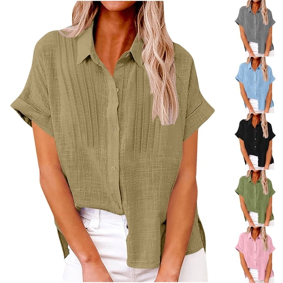Women's Lapel Short Sleeve Pleated Casual Shirt Blouse Top, Solid Color Button Down Office Workwear, Business Casual Elegant Tunic for Women | CSEONE,Army Green XL