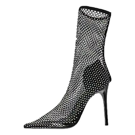 

Valentine s Day Deals!2022 Juebong Women s Sexy Nightclub Diamond Mid Tube High Heel Stage Full Diamond Mesh Socks Boots