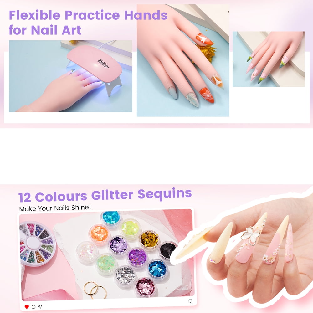 Nail Kit for Beginners with Everything: Professional Nail Acrylic Powder Liquid Set with Practice Hand Drill U V Light in Cosmetic Bag for Women Salon Home (Pink)