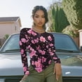 thumbnail image 3 of Xoenoiee Cherry Blossom Print Womens Long Sleeve Shirts Crew Neck Tops Tight Slim Fit Trendy Teen Girls Elastic Fall Winter Y2k Clothes, L, 3 of 7