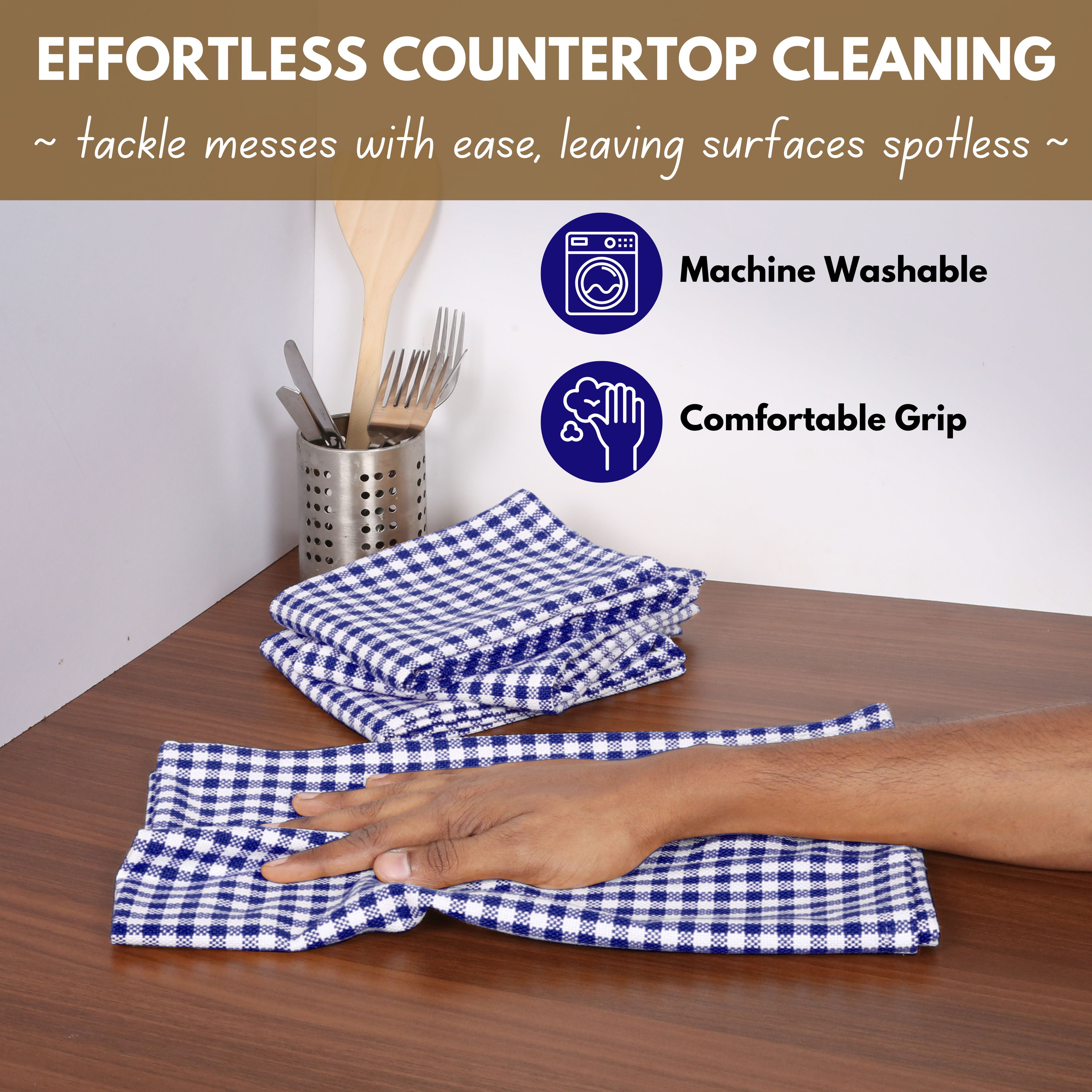 Native Fab 12 Pack Gingham Checked Plaid Kitchen Towel - Soft Cotton - Washcloths - 16x26 - Blue