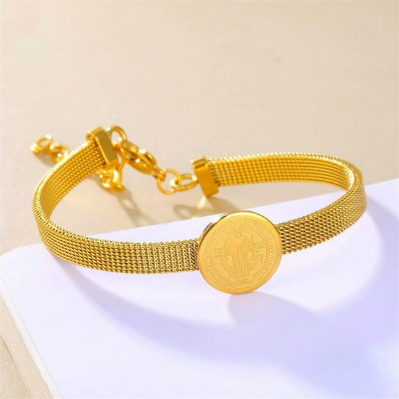 Unique 14K Yellow Gold Bracelets For Women Men,Padre Pio Catholic Saint Round Accessory Bangles,Religious Jewelry Set Gifts