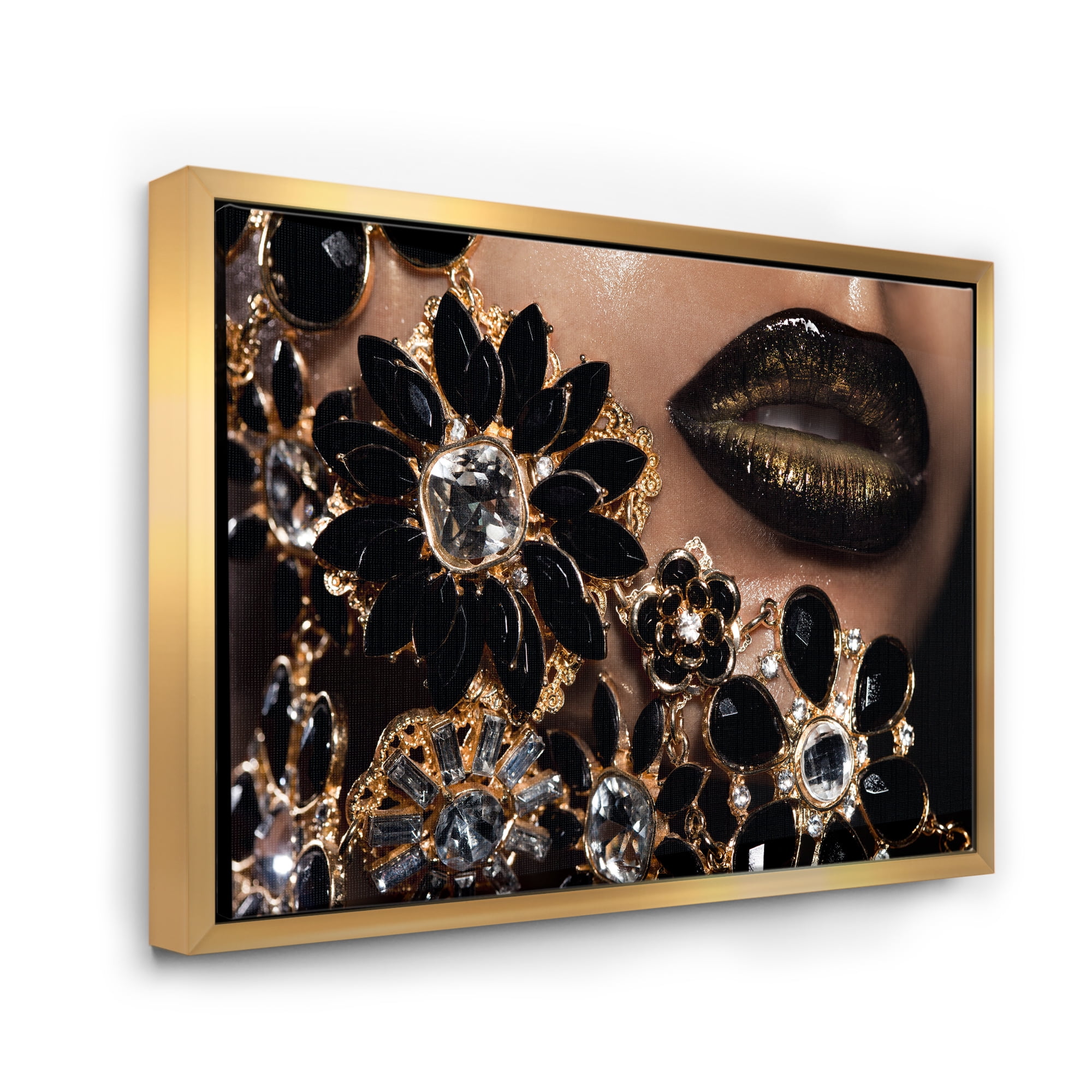 Designart 'Woman Lips With Golden Jewelry' Modern Framed Canvas Wall Art Print