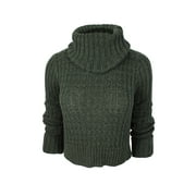 Free People Women's Green Cable Knit Turtleneck Cropped Sweater
