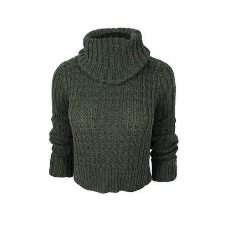 Free People Women's Green Cable Knit Turtleneck Cropped Sweater