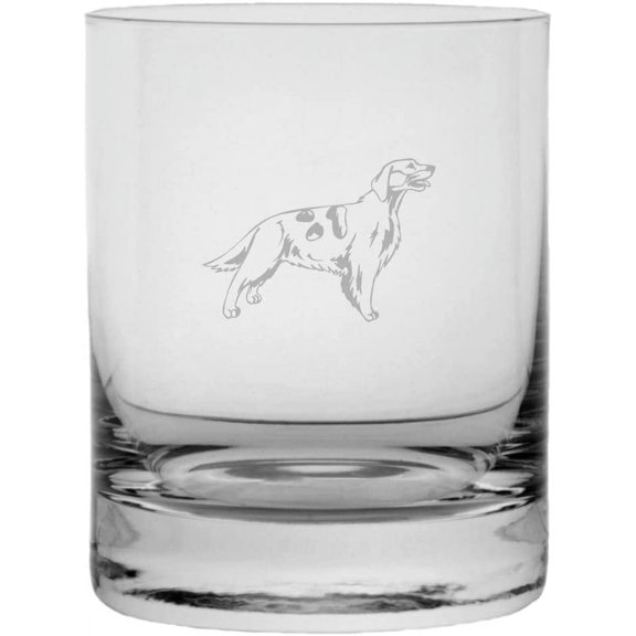 Irish Red & White Setter Dog Themed Etched 11oz Crystal Rocks Whisky Glass