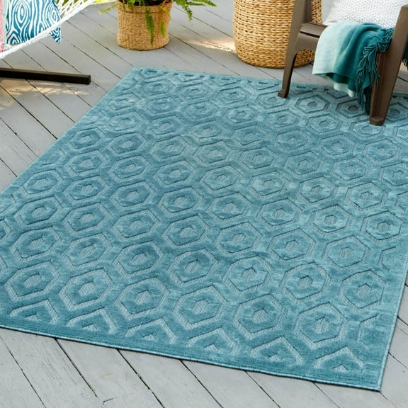 Unique Loom Outdoor Trellis Textured Collection Area Rug - Spatial (9' x 12' Rectangle Aqua/Ivory)