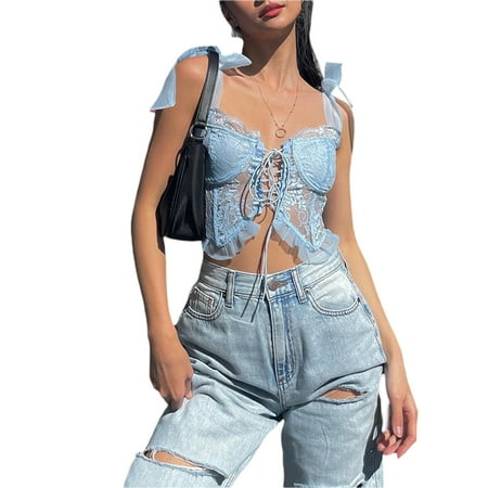

SAYOO Women Sleeveless Crop Tops Solid Color Lace Front Drawstring Casual Ruffled Corset Tops Streetwear for Summer