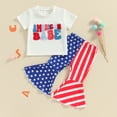 thumbnail image 2 of Okbabeha Kids Toddler Girls 4th of July Outfit,Short Sleeve Letter Tee Shirt+Stars Stripes Flare Pants Bell Bottom Outfits, 2 of 7
