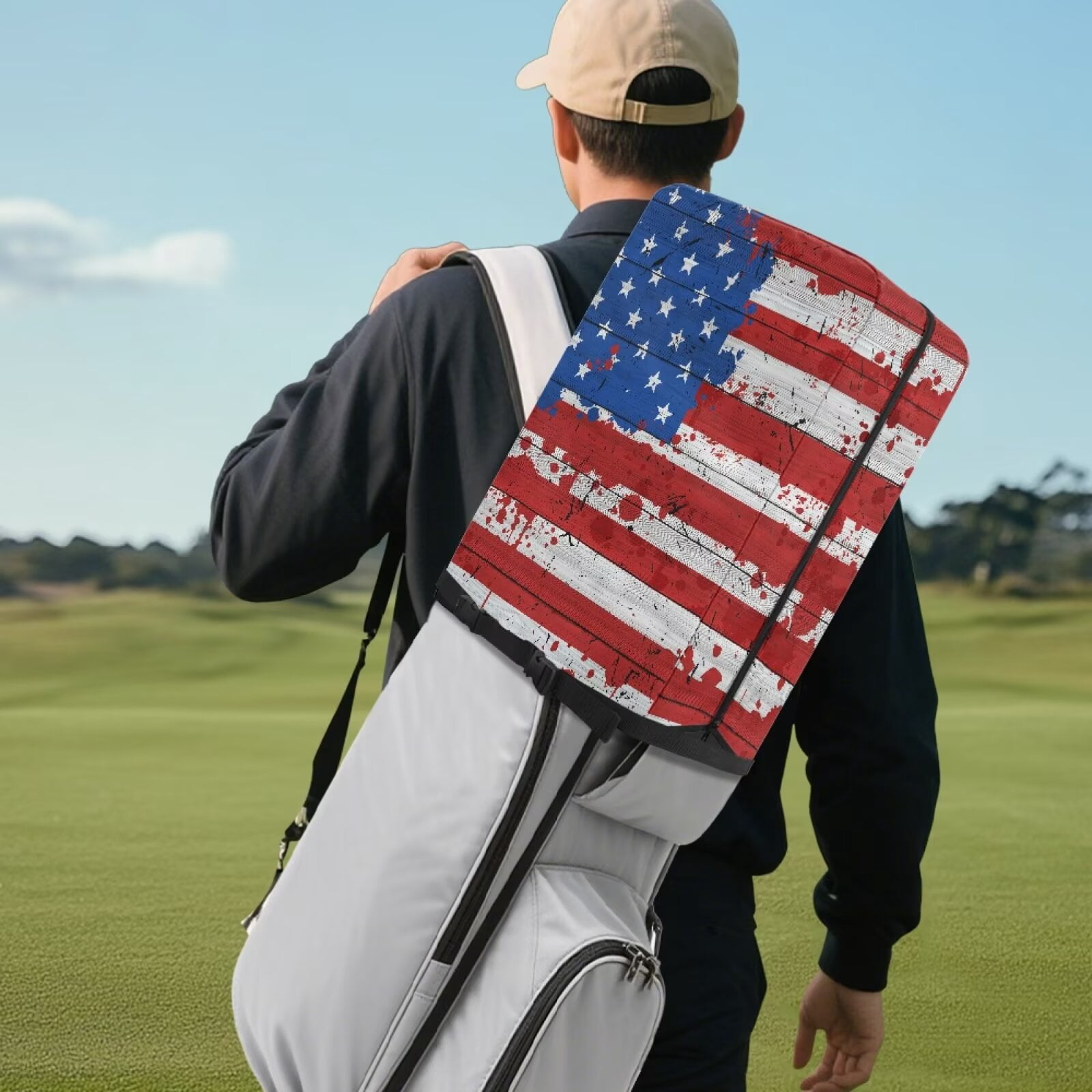 Chririnla American Flag Hood Golf Bag Cover Waterproof with Snap Button, Dust & Sun Protection for Clubs Universal Fit for Most Stand Bags, Cart Bags & Tour Bags