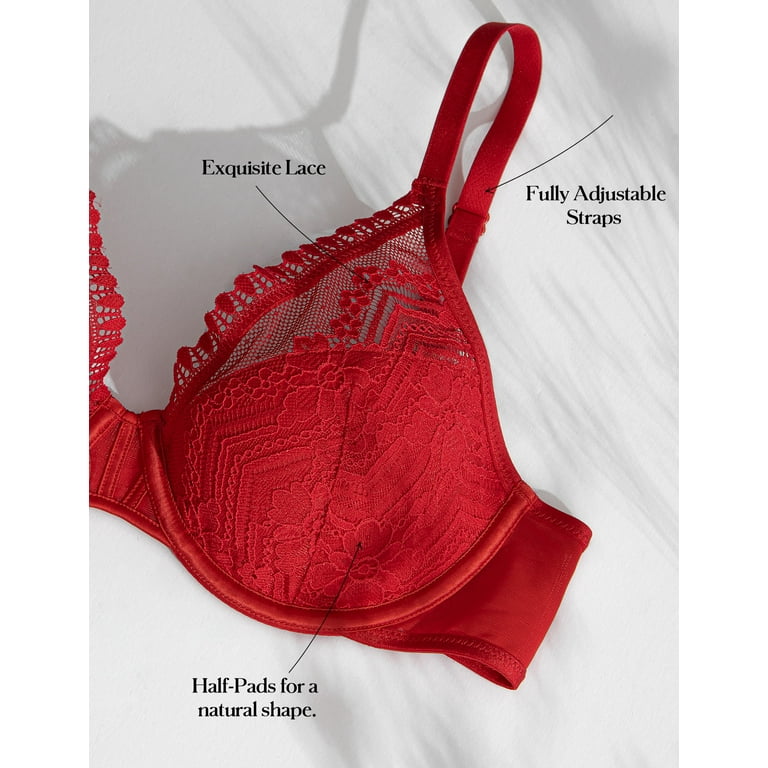 Deyllo Women's Sexy Lace Plunge Padded Underwire Push Up Bra, Red 36C