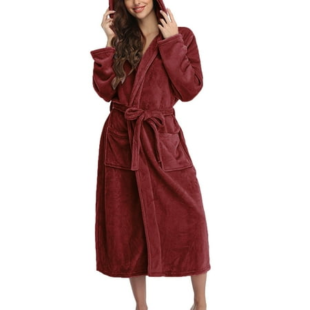 IDALL Robes for Women Nightgowns for Women Robe Fleece Bathrobe Lightweight Flannel Sleepwear Hooded Bathrobe Plush Long Robe Pajamas Women s Lingerie  Sleep & Lounge Wine XL