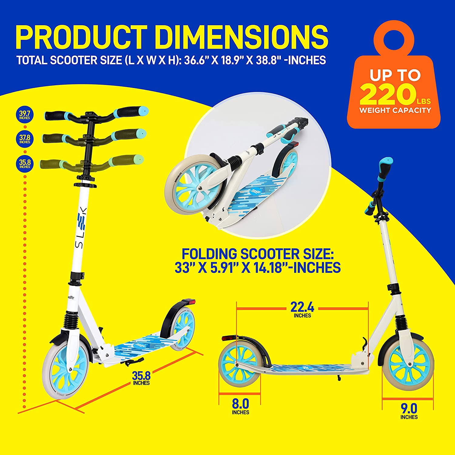 2-Wheel Foldable Riding Scooter for Teens W/Adjustable Height, Alloy Anti-Slip Deck, 9” Wheels
