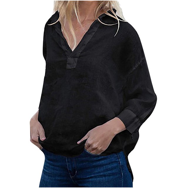 Camiseta de manga larga con cuello en V para mujer a la moda blusa sólida informal de otoño Fridja ghj987+5332