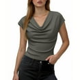 thumbnail image 2 of Ashirexll Short Sleeve Shirts for Women, Fashion Casual Solid Color V-Neck Groove Strip Short Sleeve T Shirts Top for Summer, 2 of 5