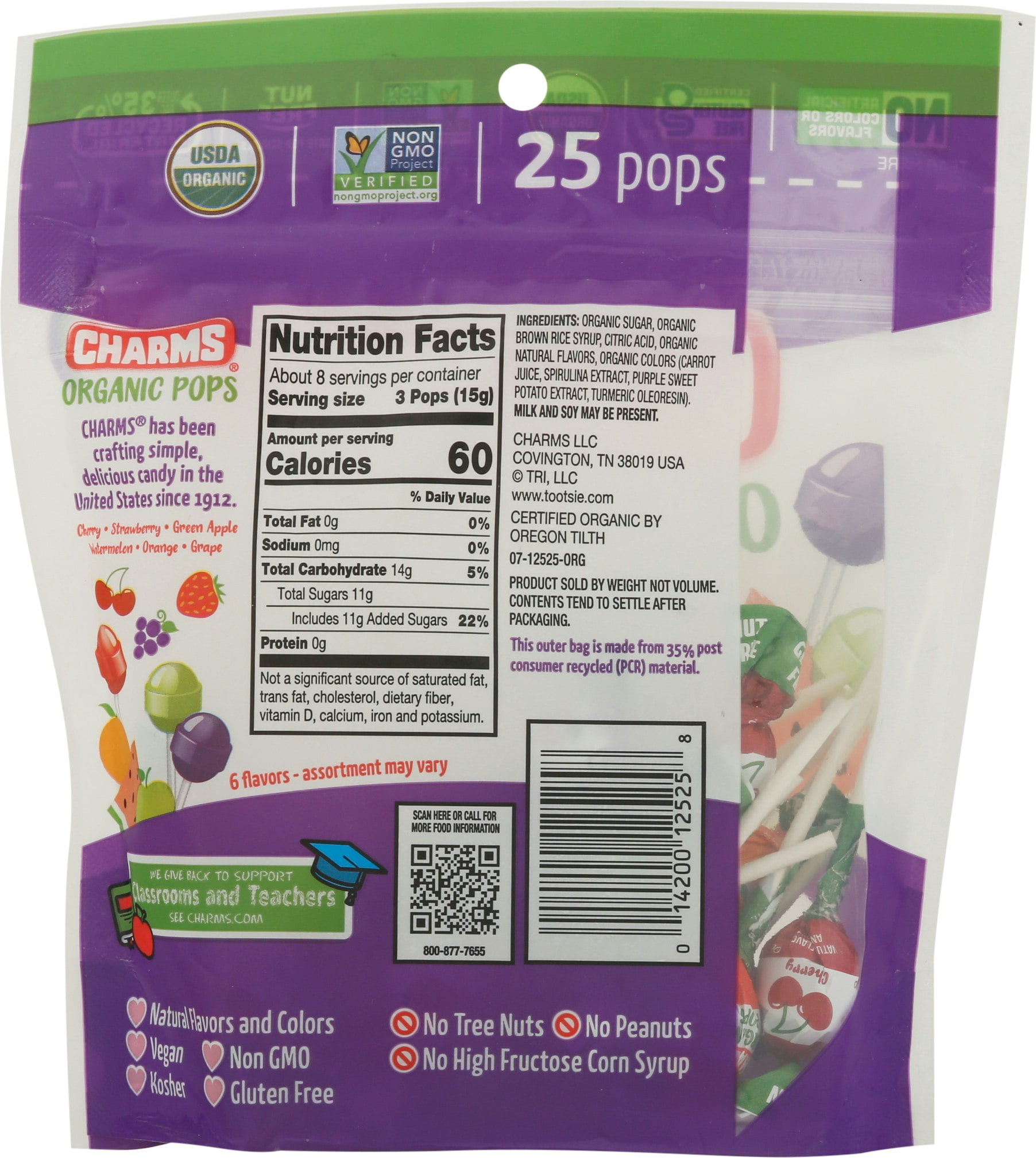 Charms Lollipops Variety 25 ct Organic 4.49 oz (Pack Of 6)