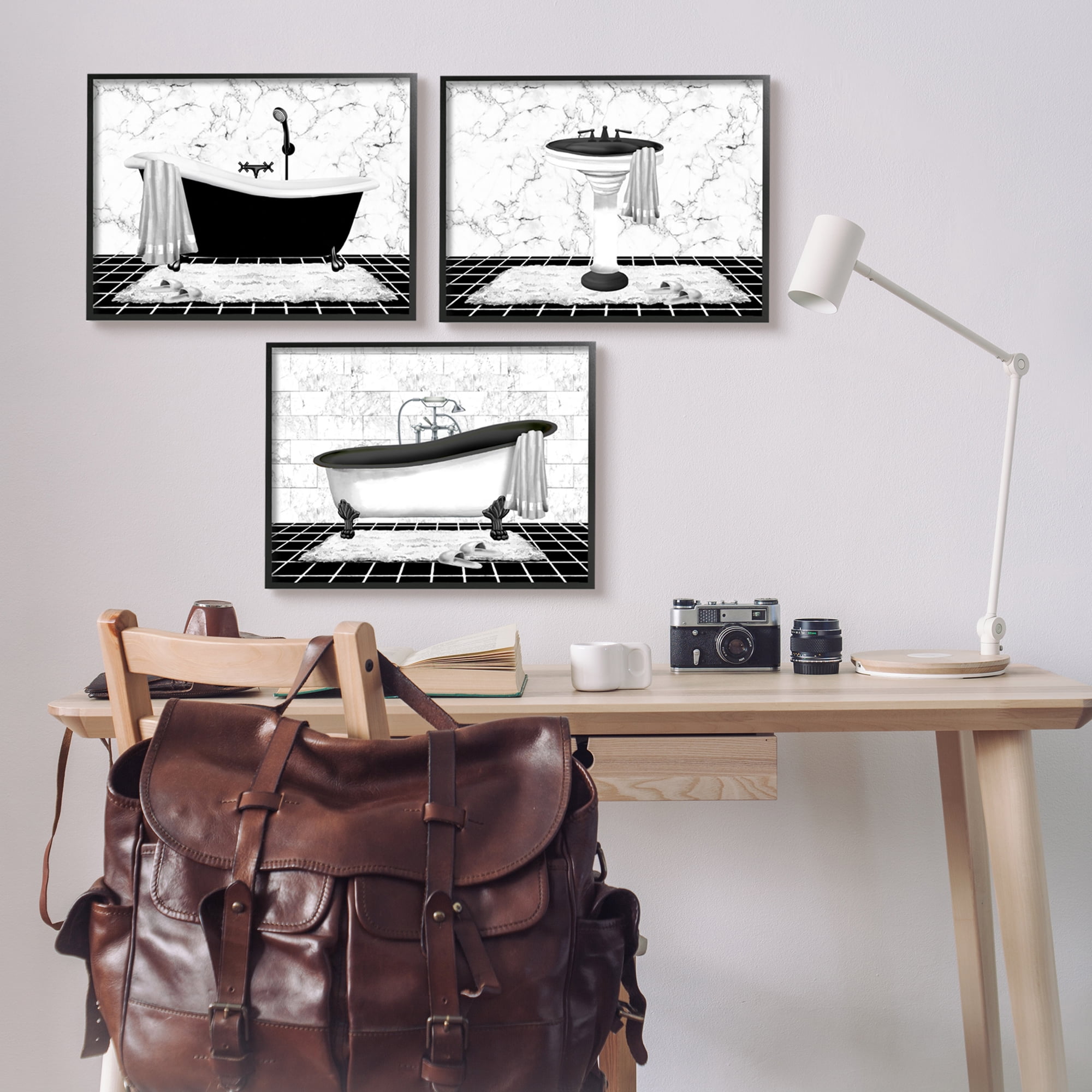 Stupell Industries Modern Marble Bathroom Typography Painting Black Framed Art Print Wall Art, 20 x 16, Set of 3