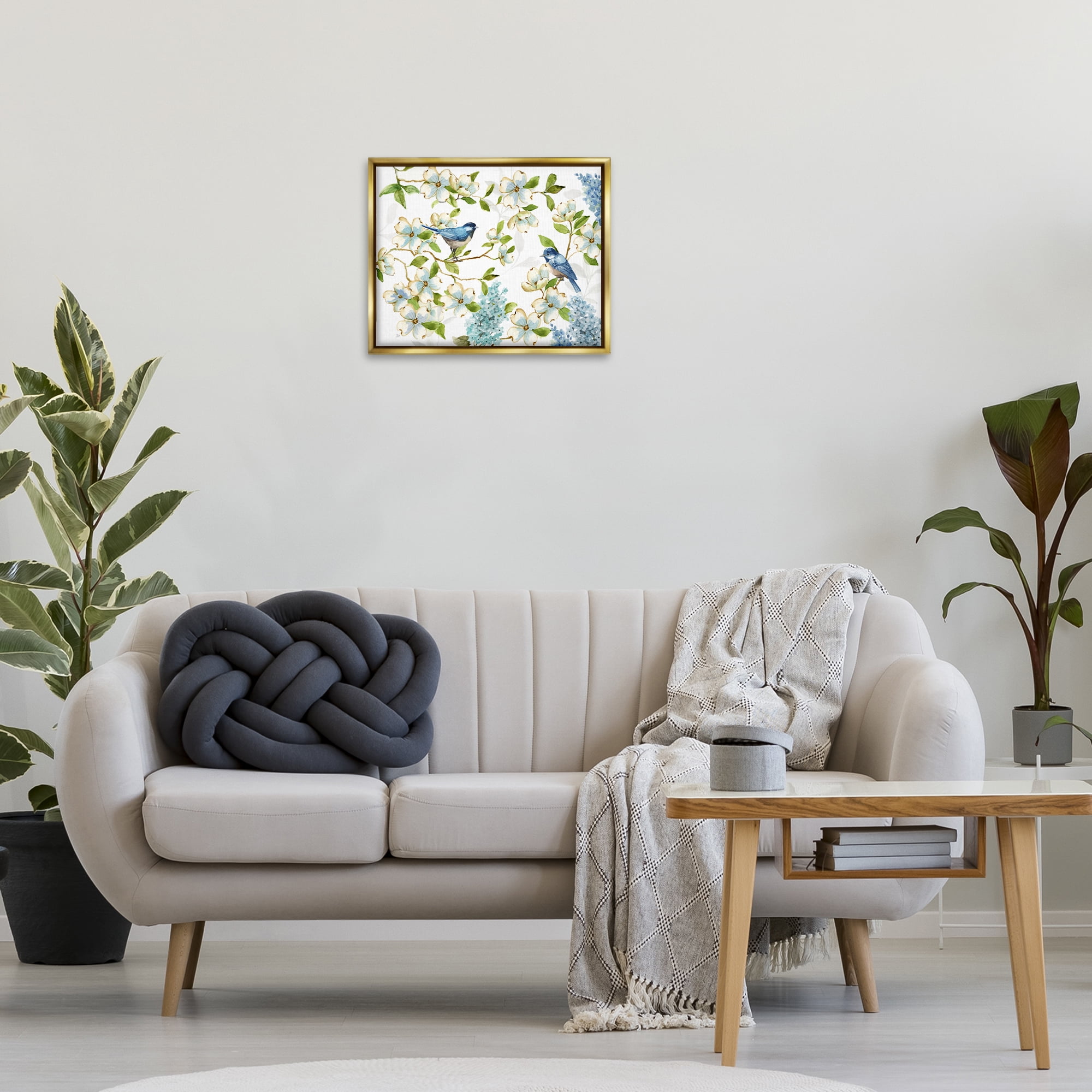 Stupell Industries Dogwood & Bluebirds Plants & Flowers Painting Gold Floater Framed Canvas Art Print Wall Art, 21 x 17