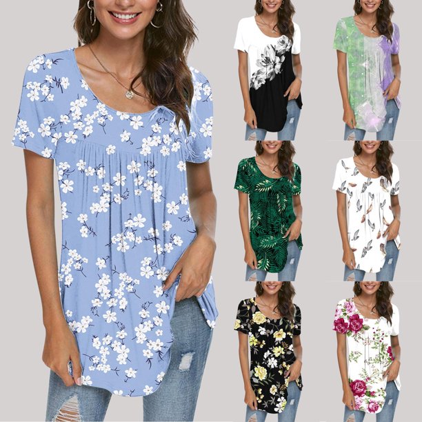 Fiudx Camisas de Mujer Blusa Holgada de Manga Corta con Cuello Redondo Informal Estampada a La Moda para Mujer