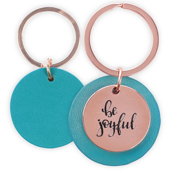 With Love Women's Keychain, Be Joyful Rose Gold Metal Heart Medallion Teal Faux Leather Engraved Design Inspirational Quote Key Ring Ladies Accessory for Her Birthday, Luggage ID, Backpack/Bag Charm